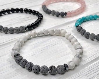 Essential Oil diffuser stretch bracelets Natural Unwaxed Black Lava Rock for Vitality with Genuine Healing Gemstones. Stackable gift for her