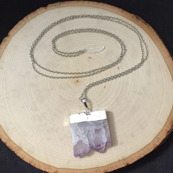36 inch Silver Colored Amethyst Slice Pendant Necklace. Hodgkins Lymphoma Awareness gift for her.