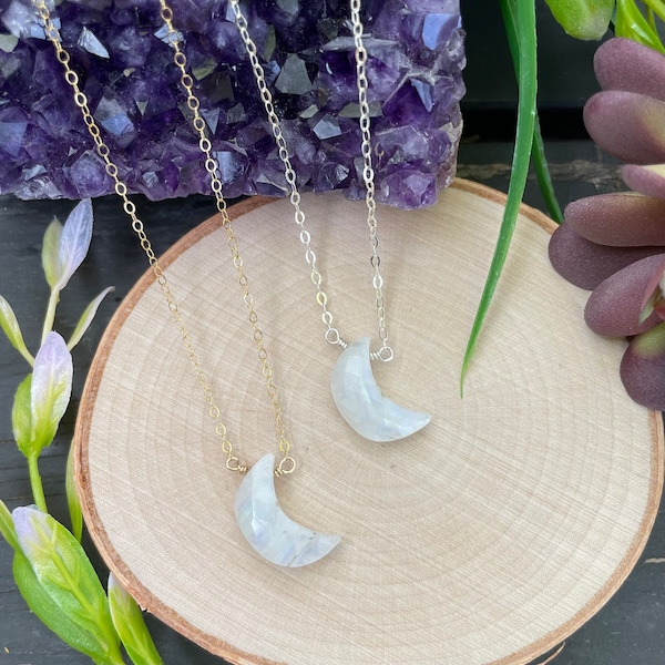 Witchy Crescent Moon Rainbow Moonstone dainty necklace in Sterling Silver or 14k Gold Filled. 18 inch length. Gift for her.