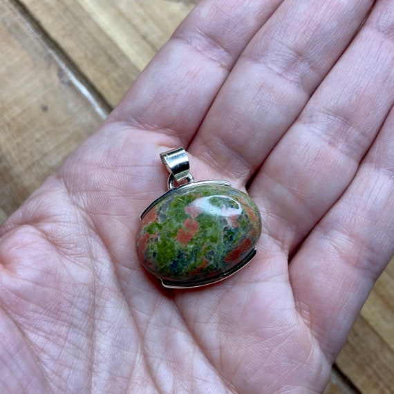 Minimalist Unakite oval pendant cabochon sterling 