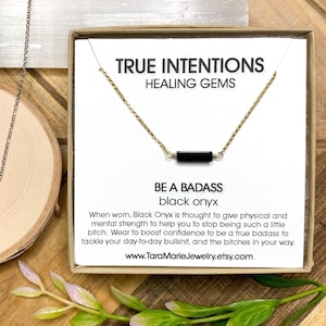 Black Onyx &quot;Be A Badass&quot;  Sterling Silver or Gold Filled Healing Gem dainty necklace.  Funny Gift for her
