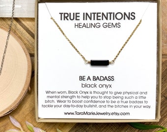 Black Onyx "Be A Badass"  Sterling Silver or Gold Filled Healing Gem dainty necklace.  Funny Gift for her