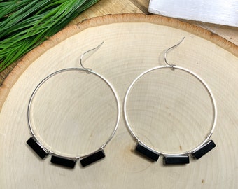 Wire Wrapped Hoop Earrings in Black Onyx for Strength. Statement hoops available in silver or gold. Gift Boxed for her.