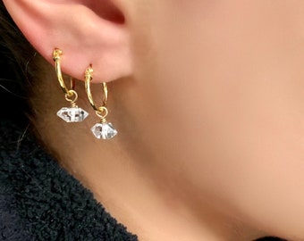 Herkimer Diamond Crystal HEALING GEM everyday Huggie Hoop Earrings. Sterling silver or 14k gold plated over silver for sensitive ears
