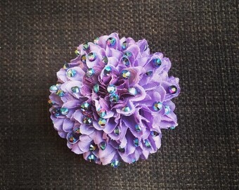 Small Rhinestoned purple mini pompom flower hair clip or lapel pin