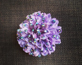 Piccolo pompon viola rhinestoned mini pompom clip per capelli o spilla da bavero