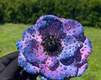 Large Hand-dyed Cosmic Pink Purple Blue Rhinestoned Anemone Flower Clip
