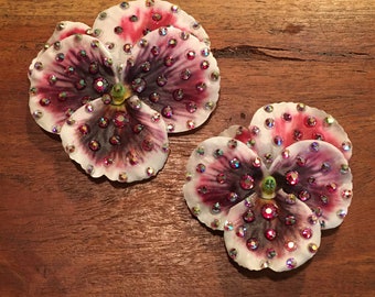 Rhinestoned Fuchsia and White Pansy Flower Hair or Anywhere Clip Pair