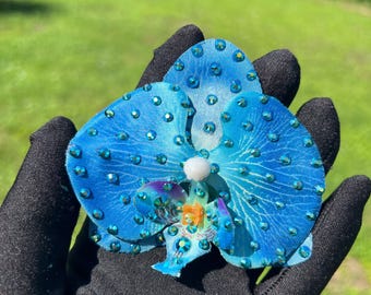 Rhinestoned Small blue Orchid Flower Clip