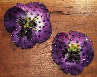 Rhinestoned Deep Purple Pansy Flower Hair Or Anywhere Clip Pair