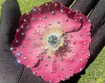 Small-Medium Rhinestoned Plum Silk Poppy Clip