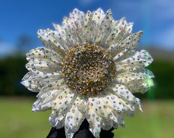 Huge White Rhinestoned AB,  Silver and Gold Sunflower clip