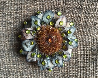 Small Rhinestoned Mini hair or lapel flower clip in olive-tabacco.