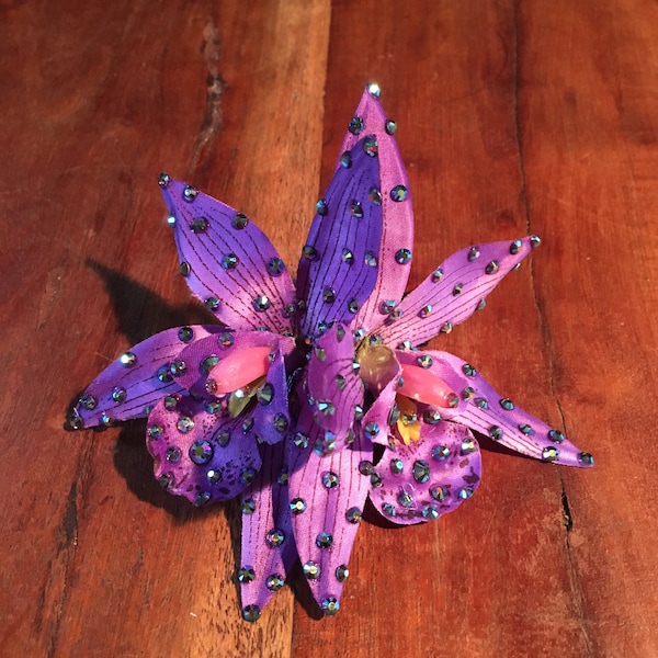 Rhinestoned Purple Double Orchid Clip