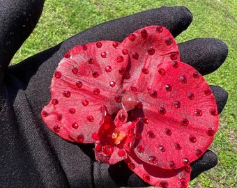 Rhinestoned Small Red Orchid Flower Clip