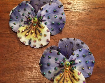 Rhinestoned Purple/Yellow Pansy Flower Hair or Anywhere Clip Pair