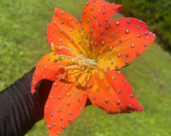 Fiery Orange Yellow Rhinestoned Lily Clip