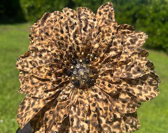 HUGE Leopard Print Rhinestoned Dahlia clip