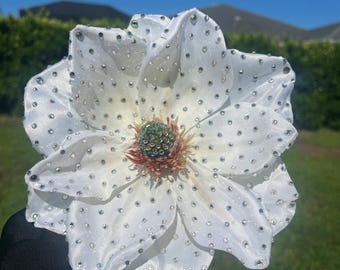 HUGE White Rhinestoned Magnolia Clip