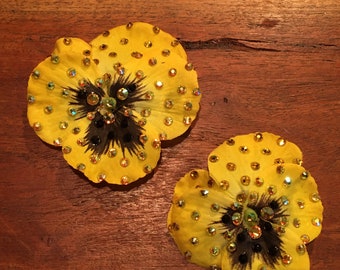 Rhinestoned Yellow Pansy Flower Hair or Anywhere Clip Pair