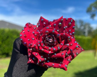 Medium sized Red Rhinestoned Rose Clip