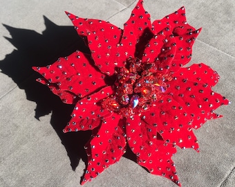 Rhinestoned soft velvet poinsettia flower clip