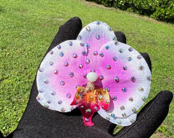 Rhinestoned Small white and magenta Orchid Flower Clip