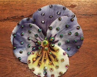 Rhinestoned 3” Purple and Yellow Pansy Flower Hair or Anywhere Clip