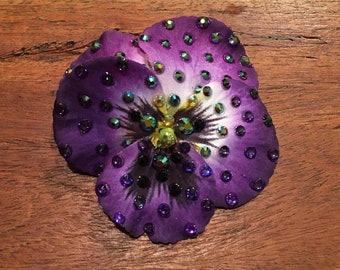 Rhinestoned 3”Deep Purple Pansy Flower Hair or Anywhere Clip