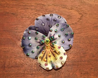 Rhinestoned 2.5” Purple and Yellow Pansy Flower Hair or Anywhere Clip