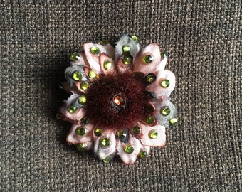 Rhinestoned Mini Flower Hair Clip or Lapel Pin in olive-peach.