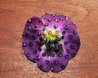 Rhinestoned 2.5” Deep Purple Pansy Flower Hair or Anywhere Clip