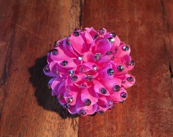 Small Rhinestoned Rose Pink Flower Hair Clip