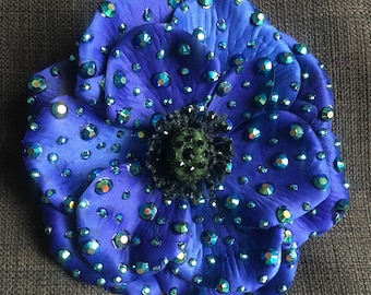 Rhinestoned midnight blue anemone hair flower clip