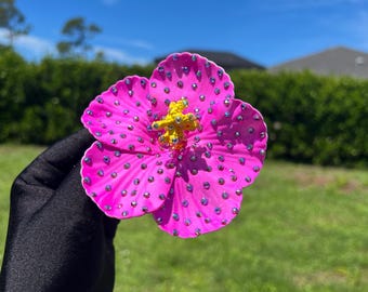 Bright Fuchsia Pink Rhinestoned Foam Hibiscus Clip