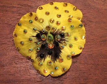 Rhinestoned 2.5” Yellow Pansy Flower Hair or Anywhere Clip