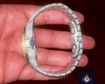 Entièrement glacé VVS Moissanite Diamond Mouvement Montre-bracelet à rafale, montre-bracelet faite main, montre en acier inoxydable