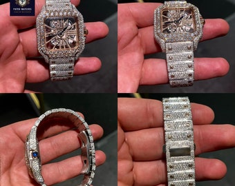 Entièrement glacé VVS Moissanite Diamond Mouvement Montre-bracelet à rafale, montre-bracelet faite main, montre en acier inoxydable