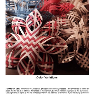 Puede incluir: Primer plano de adornos de estrellas tejidas en variaciones de color rojo, blanco y azul. Las estrellas est&aacute;n hechas de finas tiras de madera y est&aacute;n dispuestas en un patr&oacute;n superpuesto. La imagen se titula "Variaciones de color".