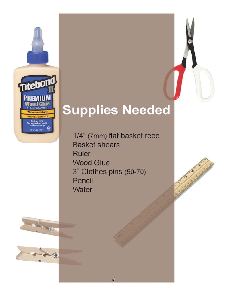 May include: A list of supplies needed for a basket weaving project, including 1/4 inch flat basket reed, basket shears, a ruler, wood glue, 3 inch clothes pins, a pencil, and water. The image also shows a bottle of Titebond II Premium Wood Glue.