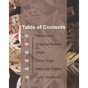 Puede incluir: Tabla de contenido para un proyecto artesanal con las siguientes secciones: Introducci&oacute;n, Suministros necesarios, Pasos, Otros tama&ntilde;os, Patr&oacute;n alternativo y Variaciones de color.