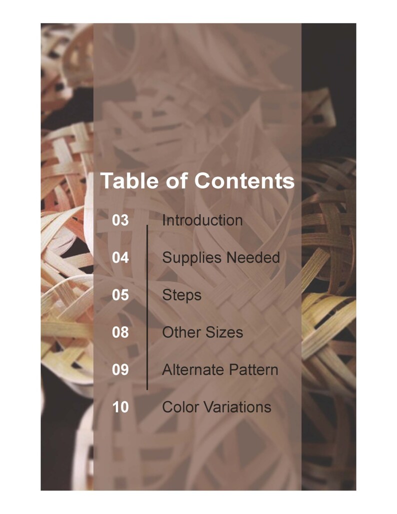 Puede incluir: Tabla de contenido para un proyecto artesanal con las siguientes secciones: Introducci&oacute;n, Suministros necesarios, Pasos, Otros tama&ntilde;os, Patr&oacute;n alternativo y Variaciones de color.