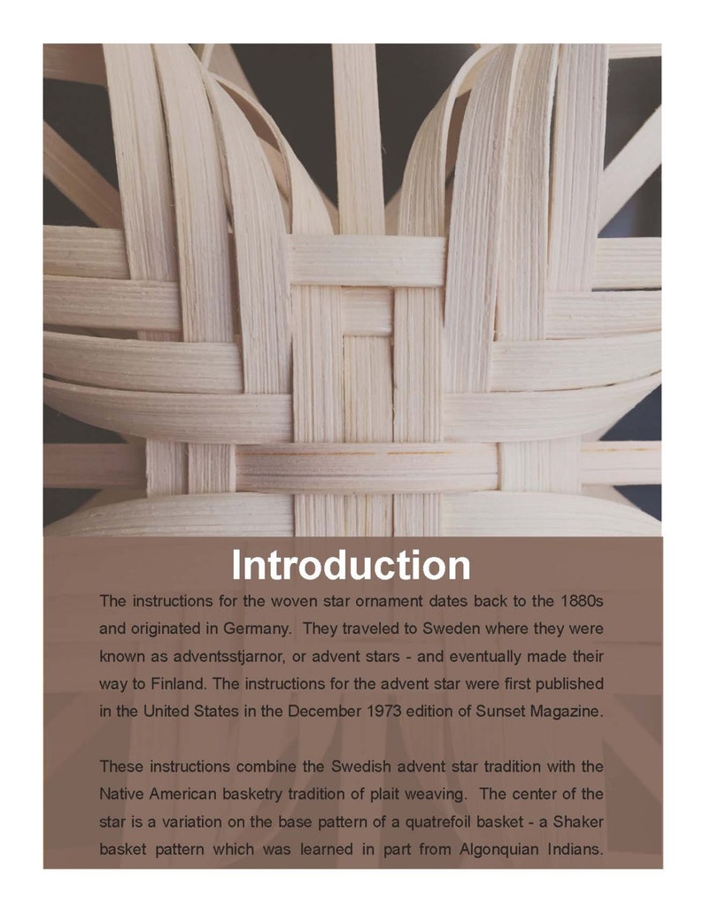 May include: A close-up of a woven star ornament made of natural wood. The star is a traditional Swedish advent star, with a quatrefoil basket pattern in the centre. The text "Introduction" is at the top of the image.