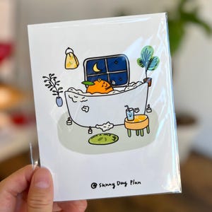 Gezellig bad, Me time, kleine kunstprint, schattige handgetekende illustratie, miniprint, gezellige inrichting, kunst aan de muur, aanmoedigingskaart, bureaubladdecor