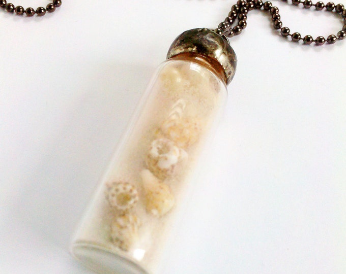 Sand and Shells Necklace, Soldered Vial Pendant, Seashells and Sand Zen ...