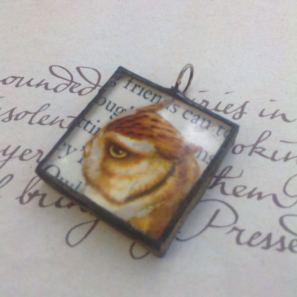 Soldered Stained Glass Vintage Owl Collage Charm Pendant--Clearance
