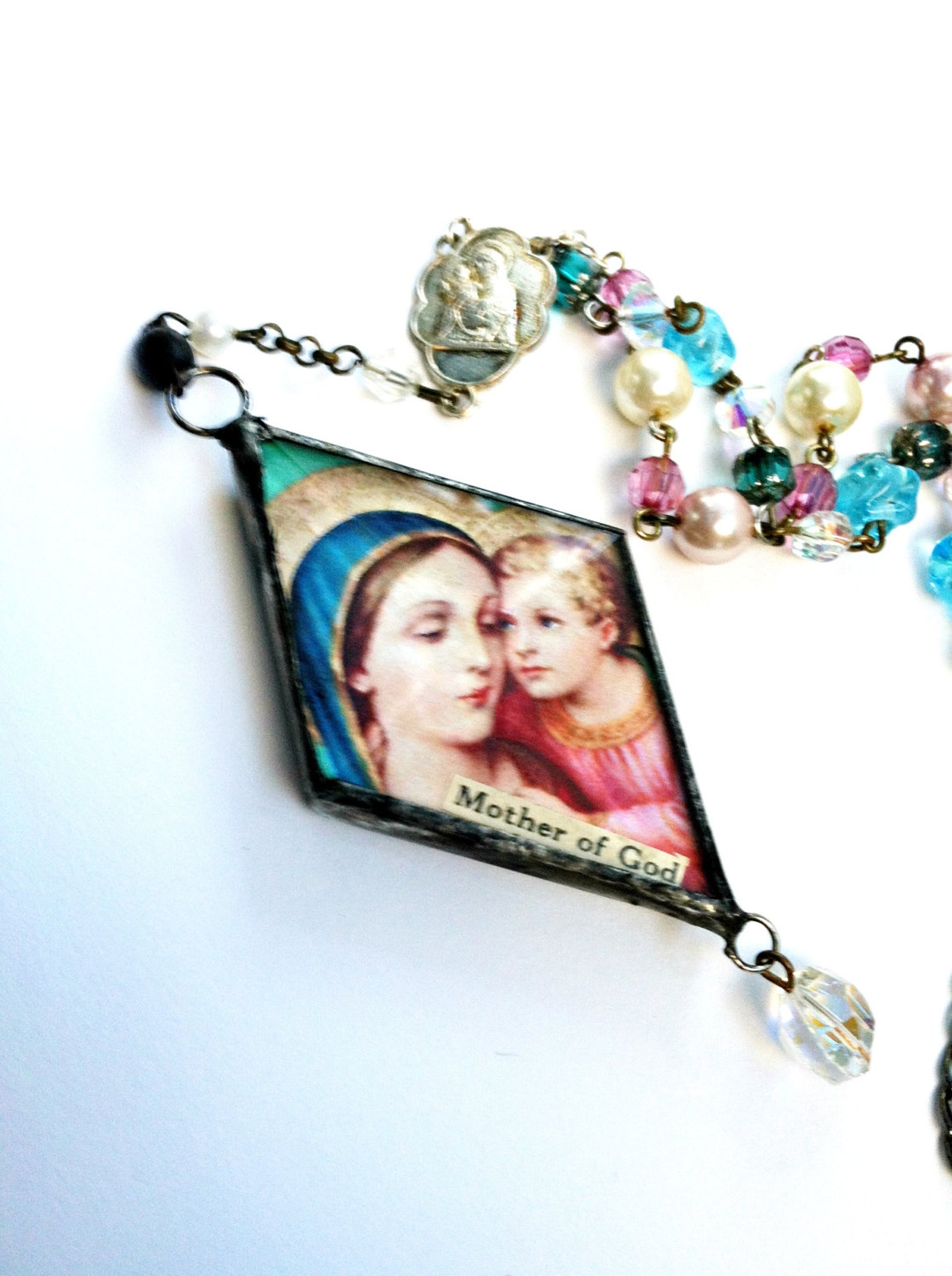 Virgin Mary Necklace, Rosary Necklace, Bohemian Jewelry, Beveled