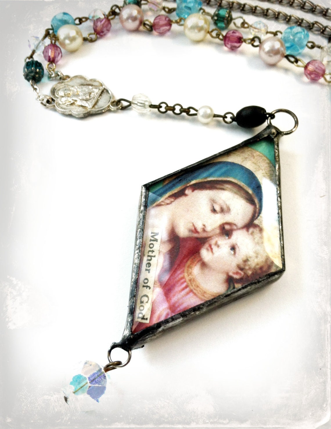 Virgin Mary Necklace, Rosary Necklace, Bohemian Jewelry, Beveled