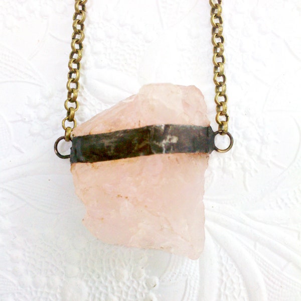 Rose Quartz Semi Precious Stone, Soldered Rose Quartz Necklace, Pink Crystal Necklace, Rough Cut Rose Quartz Jewelry, Pink Stone Necklace