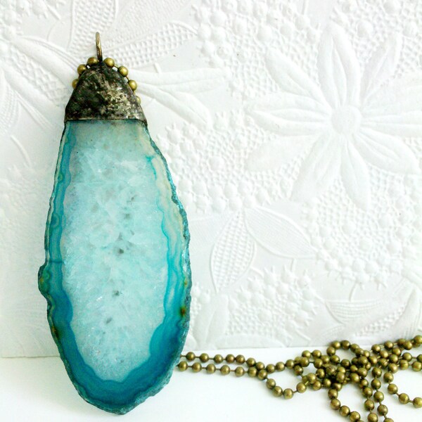 Geode Druzy Pendant Sliced Geode Necklace Teal Blue Polished Stone Pendant Blue Geode Jewelry Sliced Druzy Crystal Necklace